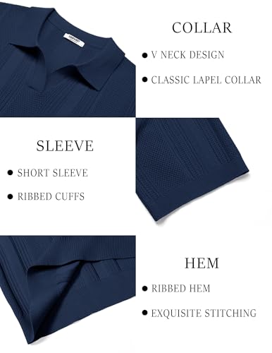 Image of COOFANDY Mens Knit Polo Shirts V Neck Textured Polo Shirts Short Sleeve Breathable Polo Casual Collared T Shirt Fashion Tops