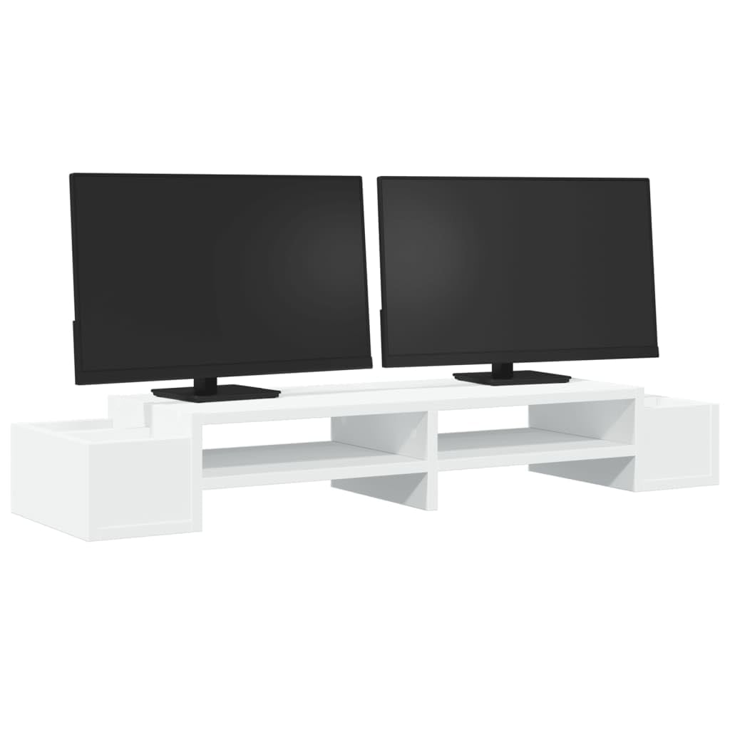 Supporto per monitor con vano portaoggetti, bianco, 100 x 27 x 15 cm, in legno, da scrivania, ergonomico, per ufficio, casa, con 4 scomparti e portata 30 kg