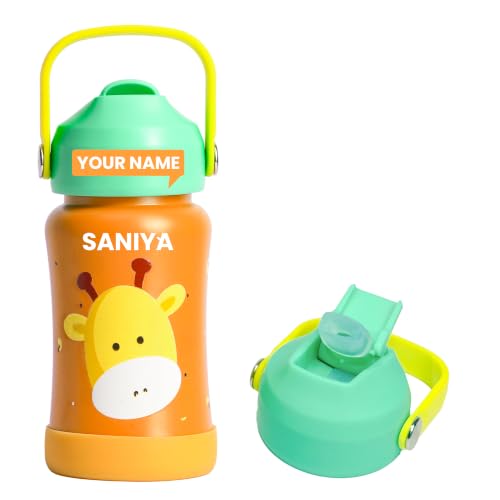 Image of Rabitat Steel Play Personalized Kids Stainless Steel Water Bottle 450ml | 2 Year Warranty | Leakproof Sipper, Soft Silicone Spout, Flip-Lock Cap & Handle, BPA-Free 18 /8 SS, Anti-Skid Base, Little Boss