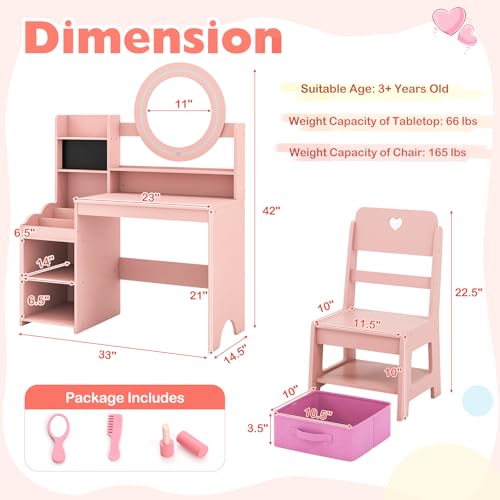 Image of HONEY JOY Kids Vanity with Lights, Wooden Princess Makeup Dressing Vanity Desk with Jewelry Storage, Open Shelves, 2 in 1 Toddler Vanity Table & Chair Set with Lighted Mirror for Little Girls(Pink)