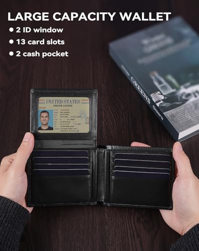 Image of Swallowmall Wallet for Men RFID Blocking Genuine Leather Mens Wallets Bifold with 2 ID Window 13 Card Slots black-417