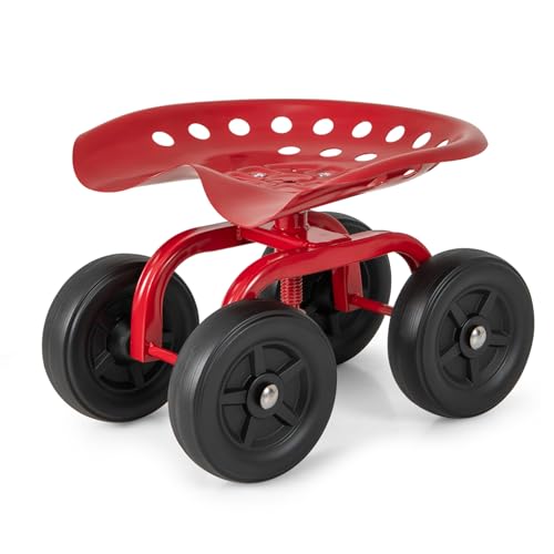 IRONMAX Garden Cart with Seat, Gardening Rolling Stool Scooter with Wheels & Ergonomic Seat for Planting, Wheeled Outdoor Gardening Work Seat for Patio, Yard, Garden (Red)