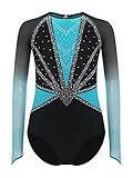 Oyolan Fille Justaucorps Gymnastique Strass Manches Longues Body Patinage Artistique Danse Sport Compétition Spectacle B Bleu clair 9 10 ans