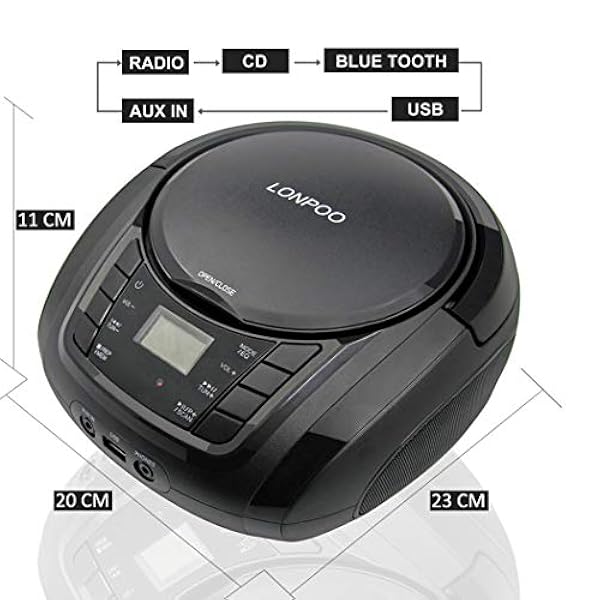 Lettore CD Portatile, LONPOO Radio Portatili Boombox Stereo Bluetooth Portatile con Altoparlanti Integrati, Ingresso USB, Ingresso AUX, Uscita Cuffie
