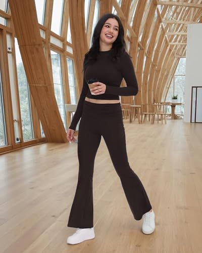 Image of ZOOSIXX Lounge Sets for Women - 2 Piece Outfits Crop Tops with Fold Over Flare Leggings Fall Loungewear Fitted Pajama
