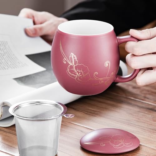 Image of Yundu 12 OZ Ceramic Mug with Lid & Tea Strainer - Matte Purple Tea Cup with Golden Flower, Stainless Steel Infuser for Loose Leaf Tea