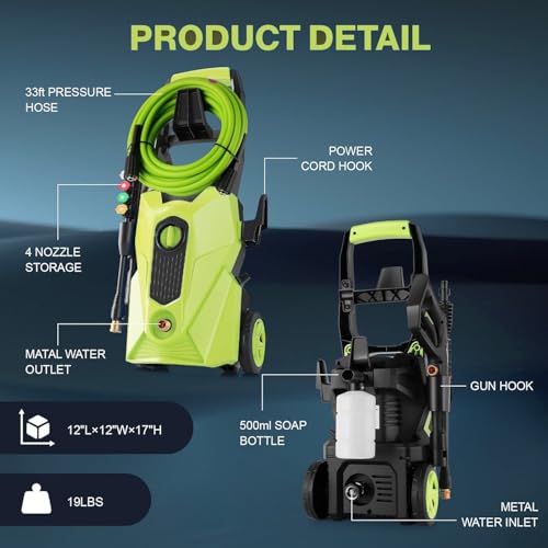 Image of Electric Pressure Washer 5000 PSI 2.8 GPM High Power Washer with 33ft Pressure Hose, 4 Nozzle and Foam Cannon, for Home, Cars, Fences, Patio (Light Green)
