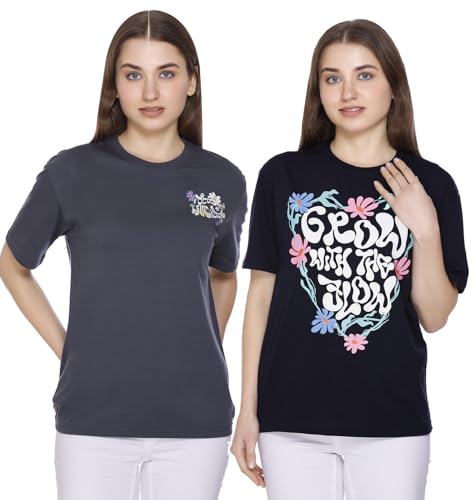 Image of Women Printed Drop-Shoulder Sleeves Oversized Pure Cotton T-Shirt (Combo of 2) |XS-XL Size