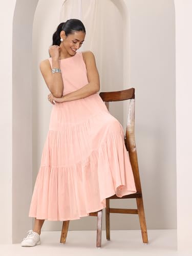Image of Libas Solid Cotton Fit and Flare Dress for Women