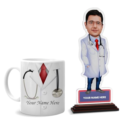 Image of SAVRI Personalized Acrylic Doctor Caricature 6x8 Inch with Customized Name Mug | Unique Medical Professional Gift, Doctor Desk Decor, Birthday, Graduation & Clinic Inauguration Gift