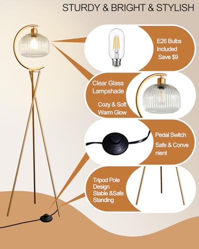 Image of Lightdot Tripod Floor Lamp for Living Room, Gold Standing Lamp with Clear Glass Lampshade, Farmhouse Tall Lamp for Bedroom, Arced Reading Light for Home Office /Sofa Beside /Corner Decor(Bulb Included)