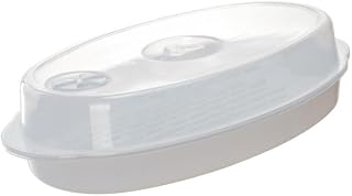 GLEAVI Microwave Fish Steaming Plate with Lid White Household Steamer for Fish Corn Asparagus Buns Transfer and Practical Kitchen Cookware for Microwave Oven Use