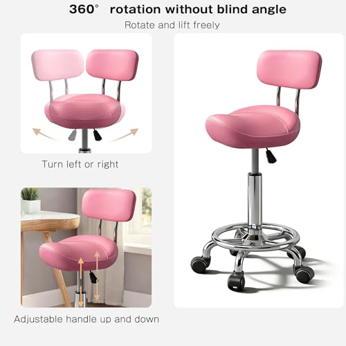 Image of Saddle Stool with Ring Pedal and Back, Adjustable Hydraulic Rolling Chair with Wheels for Medical, Massage, Salon, Spa, Kitchen, and Drafting Use