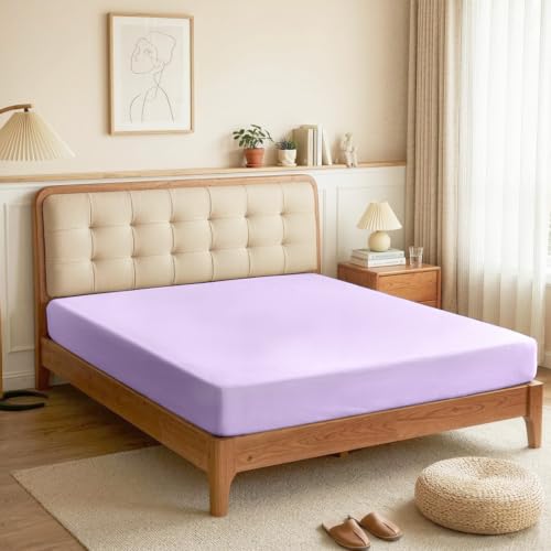 Image of Lirex Fitted Sheet, King Size 100% Cotton 300 Thread Count Soft Breathable Fitted Sheet, Light Purple