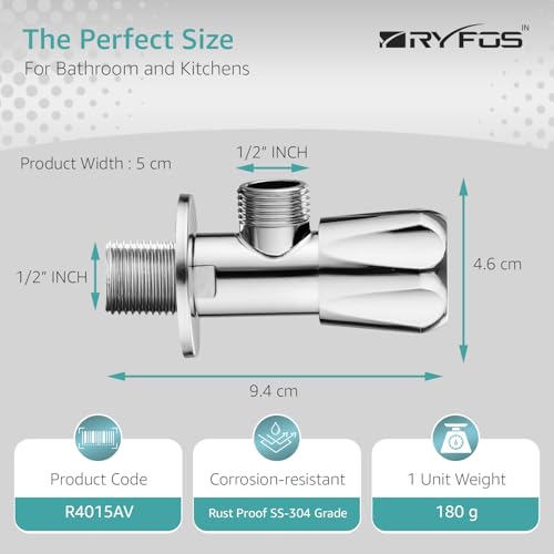Image of India's 1st Lifetime Support Brand, R4015AV, SS-304 Grade Angle Valve | Angle Cock for Bathroom With Wall Flange | Valve for Geyser | Bathroom Tap | (Chrome Finish, 4-Piece)