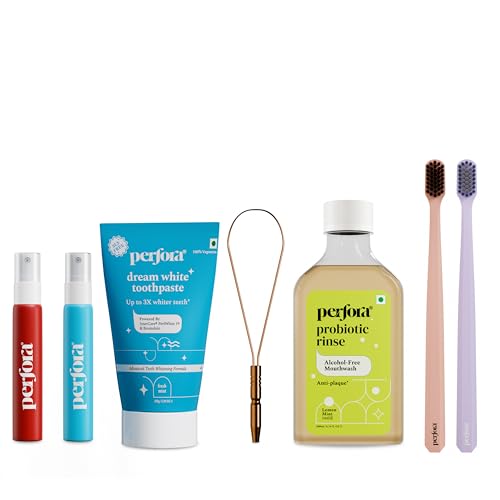 Image of Perfora Whitening Freshness Pack - Dream White Toothpaste for Teeth Whitening, Alchohol Free Lemon Mint Mouthwash, 100% Pure Copper Tongue Cleaner, Sweet Candied Orange & Refreshing Ultra Mint Mouth Spray and Pack of 2 Toothbrushes