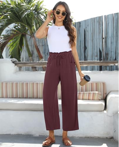 Image of siliteelon Wide Leg Linen Pants for Women Summer Capri Palazzo Flowy Pants Casual Loose High Waist Trousers with Pockets