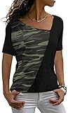 AYIFU Womens Summer Tops Short Sleeve Shirts Asymmetric Neck Casual Tunic Camo Print Blouses (2-Little Camo Green, L)