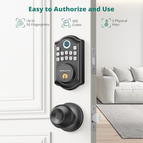 Image of AkaGear DS10 Keyless Entry Door Lock, Fingerprint, Exterior Door Knob Handle, 2 Keys, Electronic Keypad, One-time Code, Smart Locks for Front Door, Bedroom, Auto-Lock, Easy Installation - Matte Black