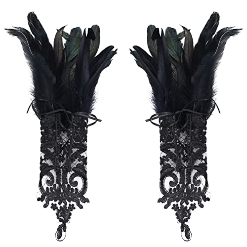 TiaoBug Damen Vintage Spitzenhandschuhe mit Feder Dekoriert Lange Lace Handstulpen Feder Armbänder Armstulpen für Cosplay Hochzeit Karneval Kostüm Zubehör Schwarz One Size Cover