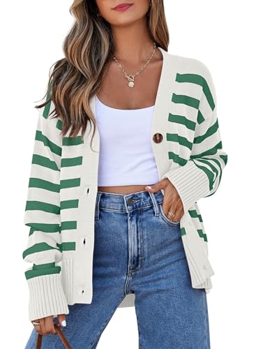 EVALESS Womens Striped Cardigan Sweaters Long Sleeve V Neck Lightweight Open Front Button Down Knit Cardigans