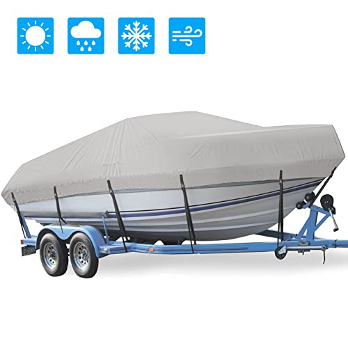 Mancro Trailerable Boat Cover, Heavy Duty Waterproof Boat Cover, 17-19ft UV Resistant Marine Grade Outboard Cover Compatible for Bass Boat, Fits Bayliner Tri-Hull V-Hull Fishing Runabout Boat, Gry
