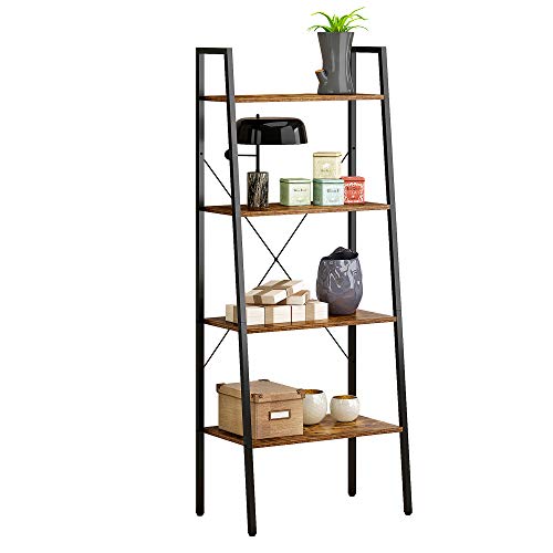 JEROAL 4 Tier Ladder Shelf, Wooden Leaning Bookshelf, Storage Display Shelves, Open Bookcase with Metal Frame, Perfect for Home Office, or Bedroom, Rustic Brown