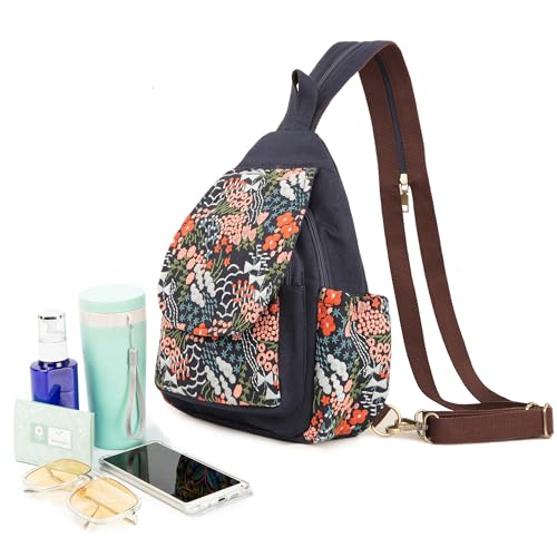 Image of SILKAREA Canvas Sling Backpack Purse for Women Embroidered Flowers Travel Backpack Crossbody Bag Shoulder Bag (Embroidered B)