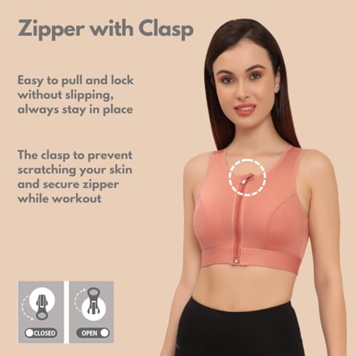 Image of GLAMORAS Women's Wirefree Full Coverage Sports Bra Medium Impact Mesh Racerback Design with Front Zip, Removable Pads Ideal for Gym, Yoga, Fitness Workouts