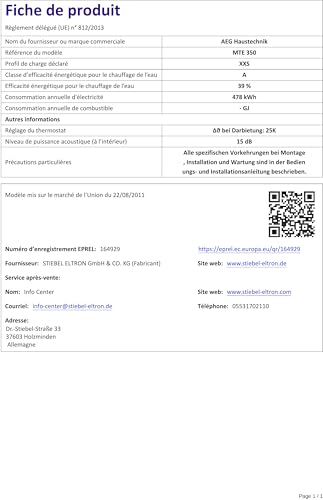 AEG elektronischer Klein Durchlauferhitzer MTE 350 nur fürs Handwaschbecken, 3,5 kW, mit Stecker, druckfest + drucklos, VDE geprüft, 231003