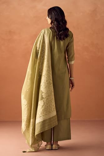 Image of FIORRA Women Green Cotton Jacquard Woven Kurta Set with Dupatta