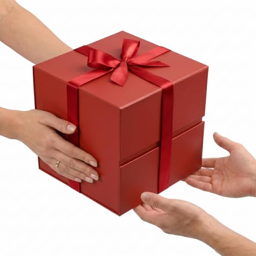 Image of LIFELUM Red Square Gift Box 8.6 x 8.6 x 8.6 inch, 1 Pack Gift Box with Lid Magnetic Closure Includes Greeting Card, Ribbon, Paper Filler for Wedding, Christmas, Birthday Gifts