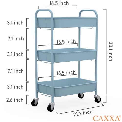 Image of CAXXA 3-Tier Rolling Metal Storage Organizer - Mobile Utility Cart with Caster Wheels, Blue