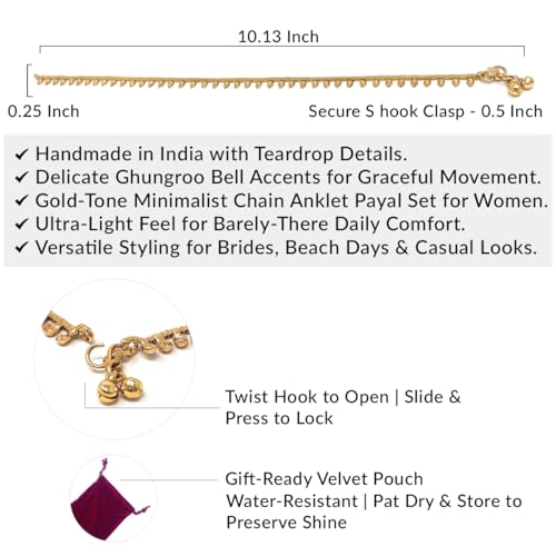 Image of Duel On Jewel Gold Payal Set for Women, Indian Paayal Jhanjar Chain Anklets with Bell Detail, Foot Jewelry Pair, 10 Inch Comfort Fit, Traditional & Dainty Styles for Wedding Beach Everyday Gift