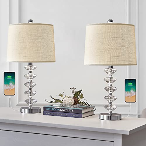 Oneach USB Table Lamps Crystal Set of 2 for Living Room 23 Accent Bedside Light Glam Stacked Crystal with Drum Shade