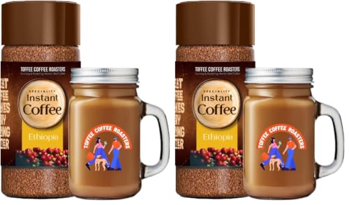 Image of Toffee Coffee Roasters | Ethiopia Speciality Instant Coffee With Free Mason Jar | As Seen On Shark Tank | 100 gm | 100% Arabica | Ready in Seconds | Microground Technology | Makes 50 Cups (Pack of 2)