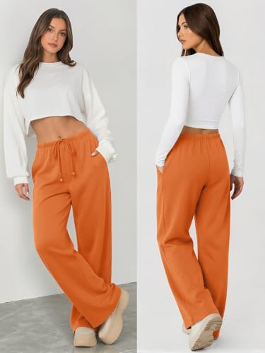 ATHMILE Womens Orange Wide Leg Sweatpants Long Straight Streetwear Drawstring Low Waist Casual Loose Baggy Workout Pants — view 3