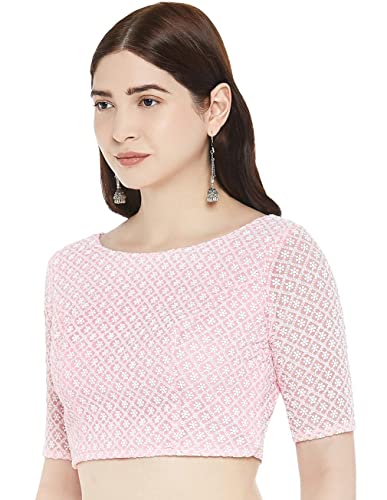 Image of Studio Shringaar Women's Chikankari Saree Blouse with Elbow Sleeves