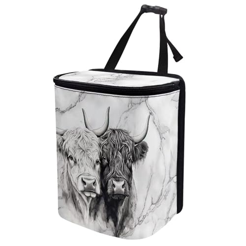 Image of Talayituse Highland Cattle Marble Print Car Trash Bin, Large Size Auto Trash Can Adjustable Portable Garbage Can with Lid, Vehicle Hanging Bag for Headrest Front Back Seat