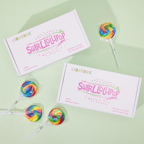 Swirl Rainbow Lollipops Individually Wrapped Bulk, Rainbow Candy Kid\'s Lollipops Candy Birthday Party Favors, Raspberry Flavor 18 Pack