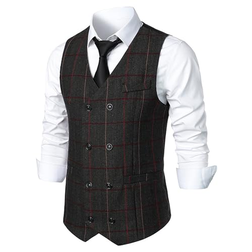 JEsilunmaMY Men's Double-Breasted Plaid Suit Vest Slim Fit Vintage Tweed Waistcoat Vest Business Formal Dress Tuxedo Vest