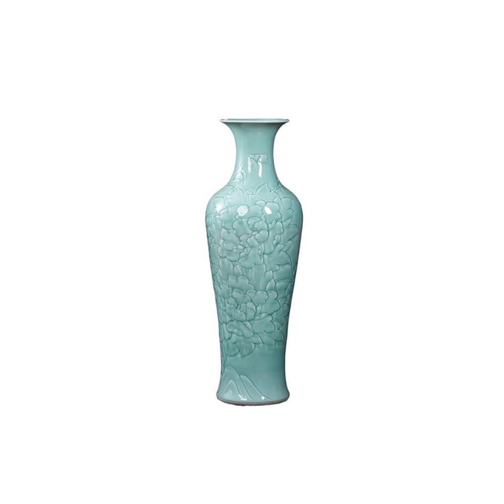Flower Vase, Chinese Style Large Ceramic Floor vase - Green Jade Glaze Hand-Carved Peony Decoration Light Luxury Living Room Decorative Ornaments(Large)