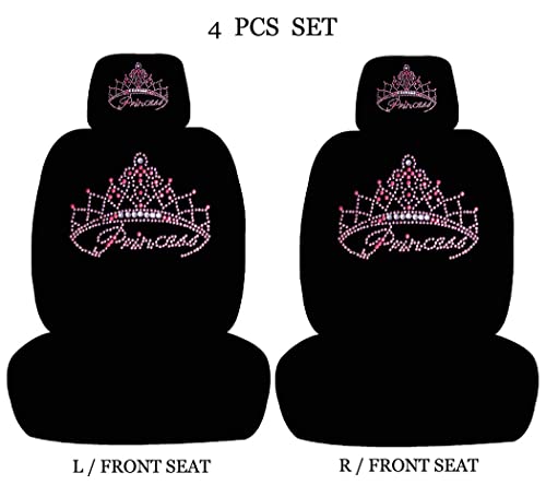 Allbrand Universal Fit Car Suv Truck Crown Princess Crystal Bling Rhinestone Studded Low Back Front Bucket Seat Covers With Separate Headrest Covers - 4 Pcs Set (Princess/Black) #TOP1