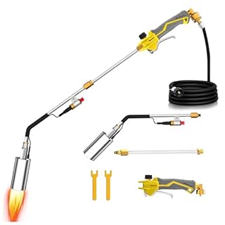 Propane Torch Weed Burner Heavy Duty - 340,000 BTU Weed Torch with 2 Extension Modes, Piezo Trigger(Self Igniting)&12.5ft Hose, Multi-fuel Compatible(1lb-100lb) for Weeds, Ice Melting, Roofing, Yellow