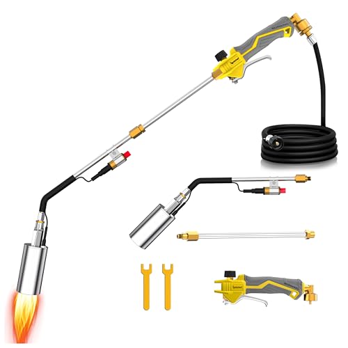 IgnitChef Propane Torch Weed Torch Burner Heavy Duty-340,000 BTU Weed Burner with 2 Extension Modes, Piezo Trigger(Self Igniting)&12.5ft Hose, Multi-Fuel Compatible(1lb-100lb) for Weeds, Ice Melting
