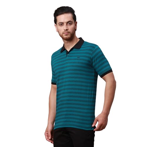 Image of Park Avenue Men's Cotton Polyester Blend Stripe Pattern Slim Fit Rib Collar Polo Neck Half Sleeve Casual T-Shirt