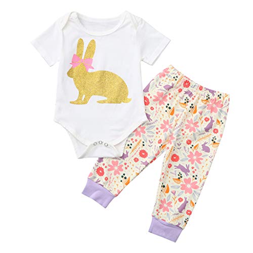 TIREOW_Happy Easter TIREOW Mode Lässig Neugeborenes Baby Mädchen Osterhase Charakter Oansatz Outfits Strampler Tops Floral Hosen Set (90)