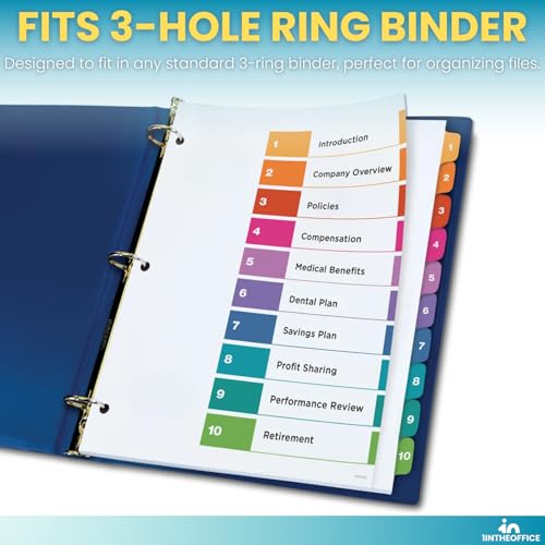 1InTheOffice Table of Contents Binder Dividers 10 Tabs, 3 Ring Binder Dividers with Tabs, Multi-Color, 11\" x 8.5\", 12 Pack - Thumbnail 5