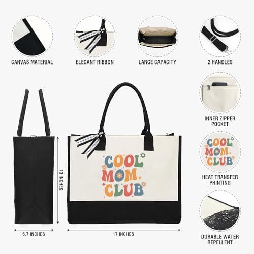 Image of XIKAINUO Mothers Day Gifts from Daughter Son, Cool Mom Club Canvas Tote Bag Shopping Bag with Zipper for Women Mother Birthday Christmas, Best Mom Ever Gifts Handbag Mom