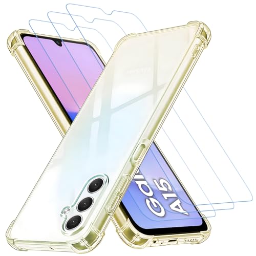 gueche Funda 4 en 1 para Samsung Galaxy A15 con [3 unidades] protectores de pantalla de vidrio templado, funda transparente para teléfono, a prueba de arañazos y golpes, funda básica transparente